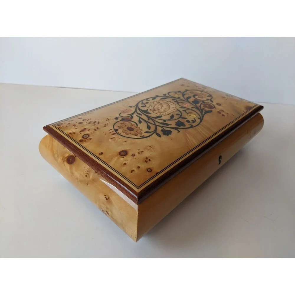 Vtg Reuge Musiceerk Inlaid Wood Music Jewelry Trinket Box 6.5x10 Made In Italy